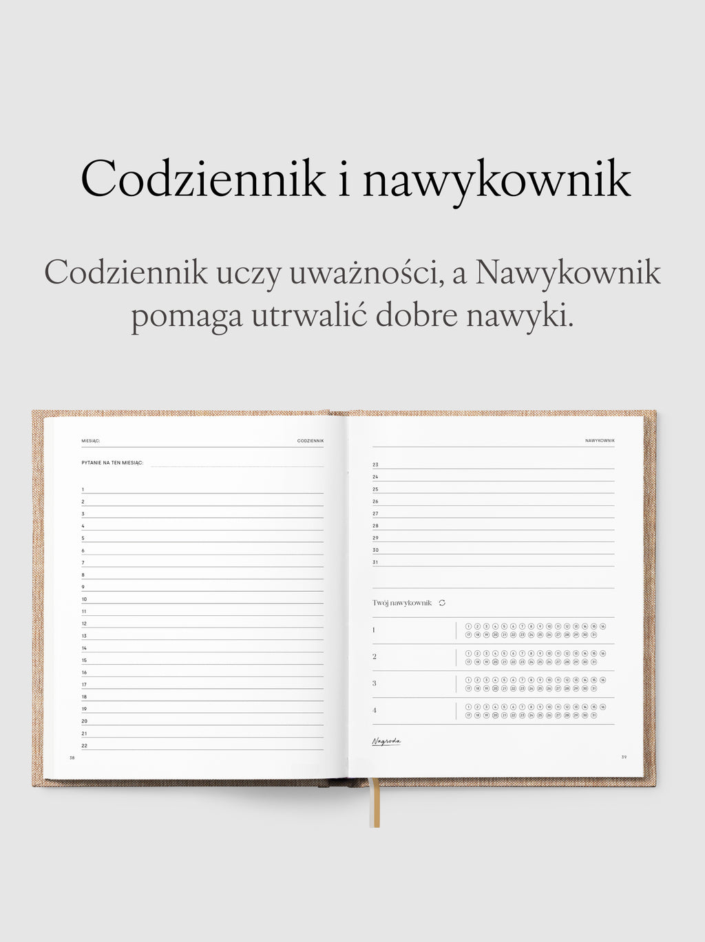 Rozkładówka przedstawiająca gratitude journal (tzw. codziennik) i nawykownik