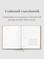 Rozkładówka przedstawiająca gratitude journal (tzw. codziennik) i nawykownik