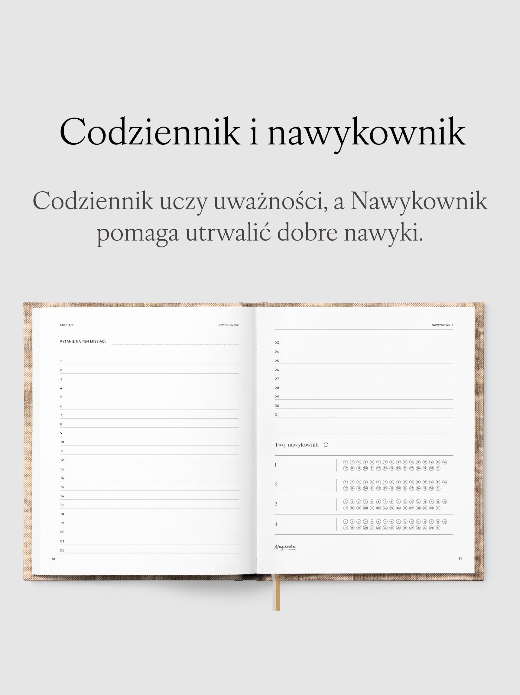 Rozkładówka przedstawiająca gratitude journal (tzw. codziennik) i nawykownik