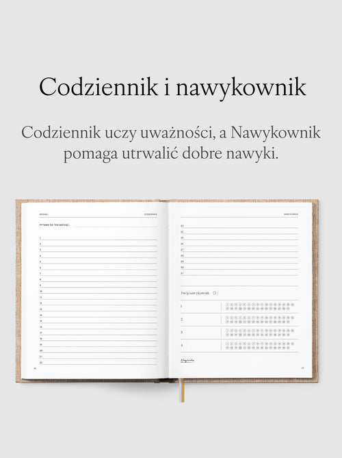 Rozkładówka przedstawiająca gratitude journal (tzw. codziennik) i nawykownik