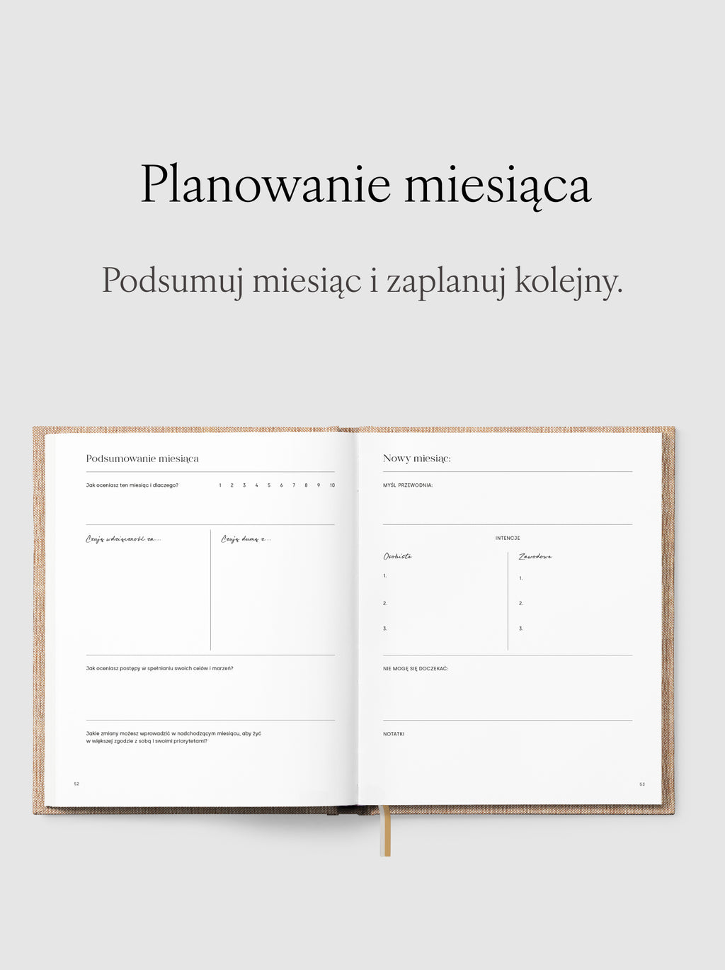 Rozkładówka przedstawiająca widok podsumowania miesiąca i planowania miesiąca