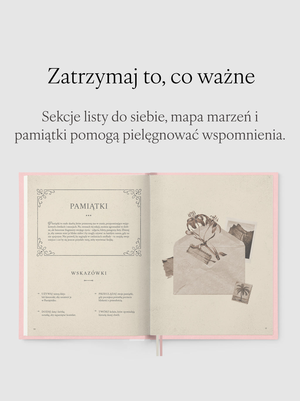 Rozkładówka przedstawiająca sekcje listy do siebie, mapę marzeń i pamiątki