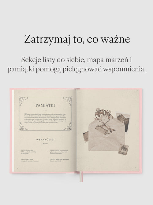 Rozkładówka przedstawiająca sekcje listy do siebie, mapę marzeń i pamiątki